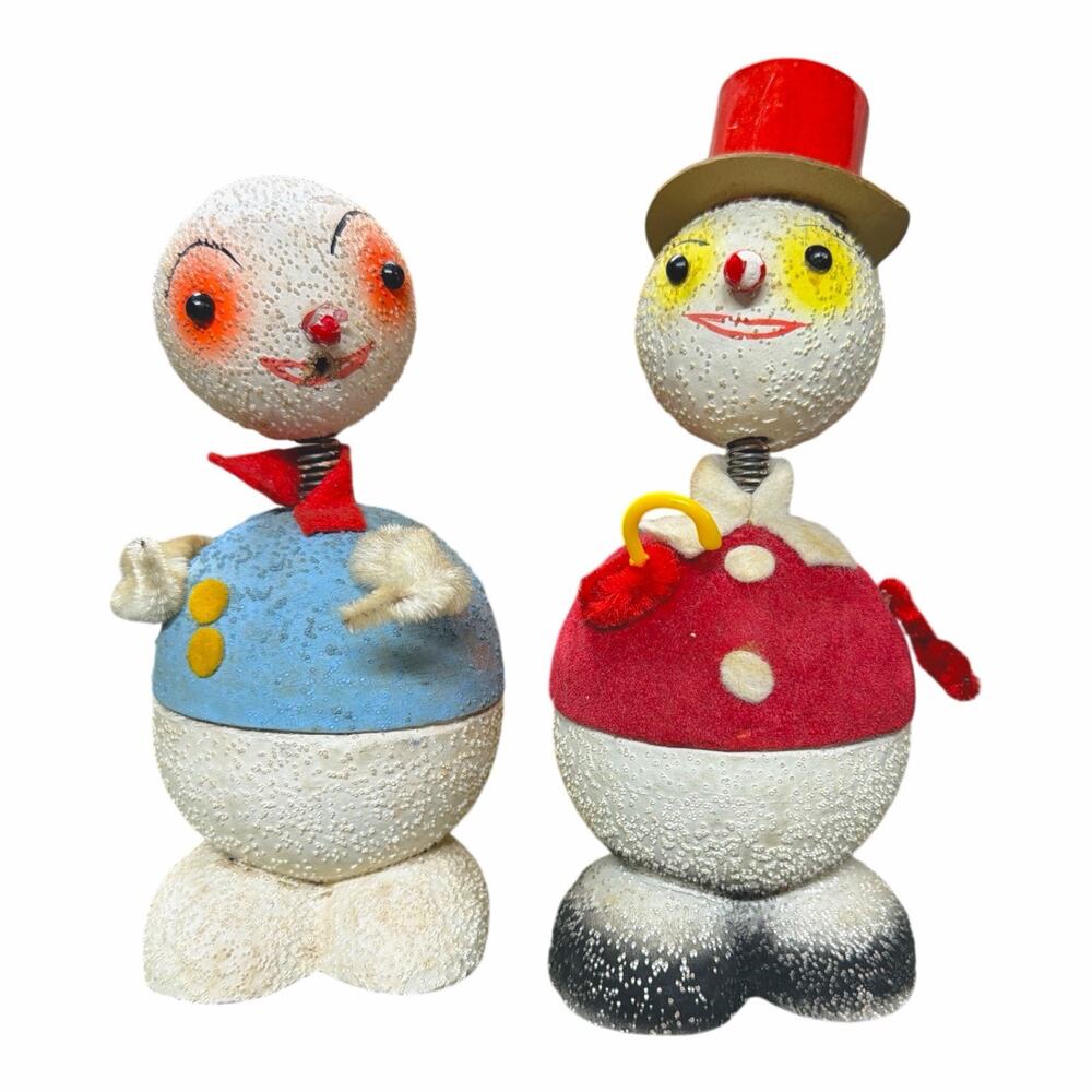 6” Vintage West Germany Christmas Primitive Nodder Snowman Pair Set Bobble Head